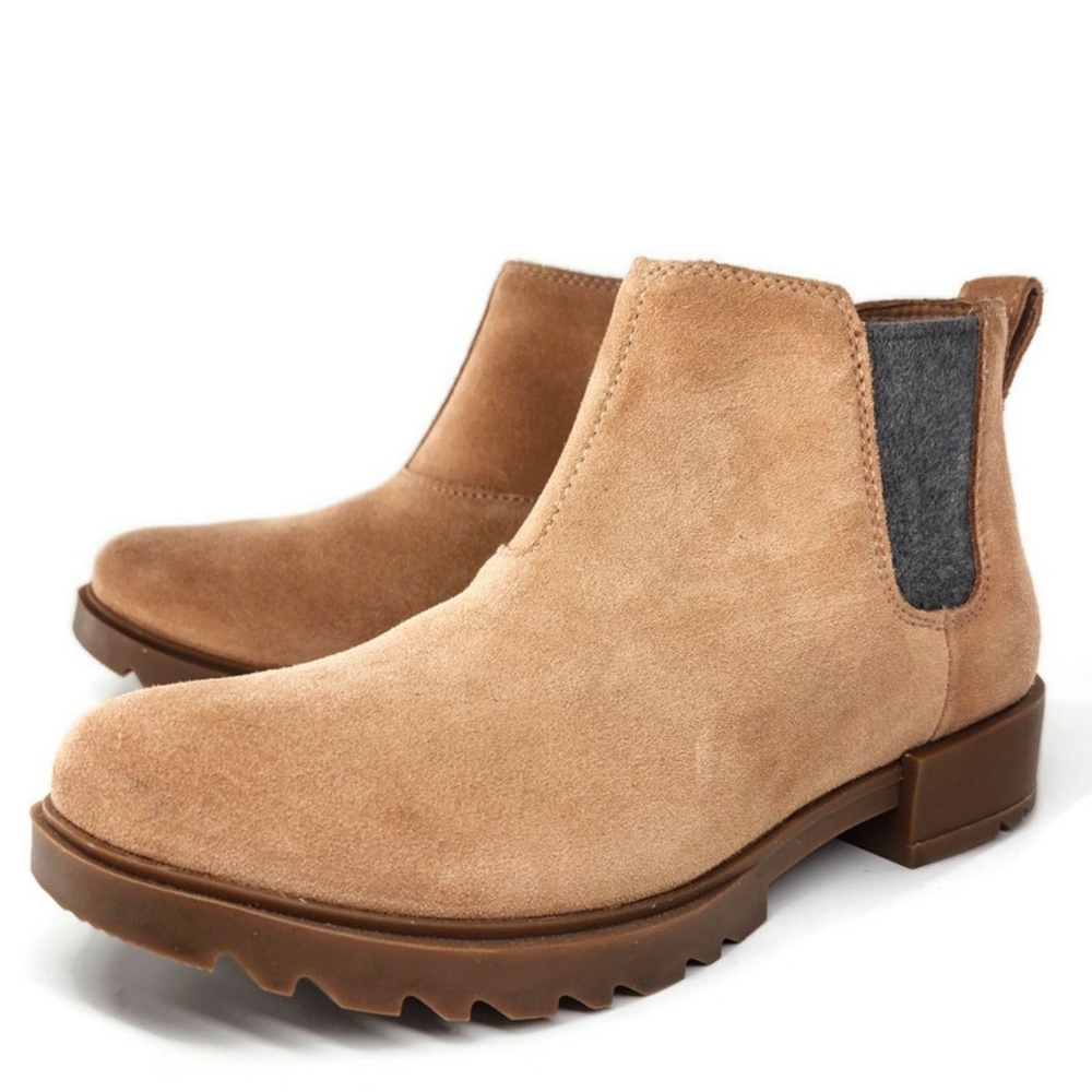 Sorel Emelie II Tawny Buff Tan Suede Waterproof Gum Lug Sole Chelsea Ankle Boots